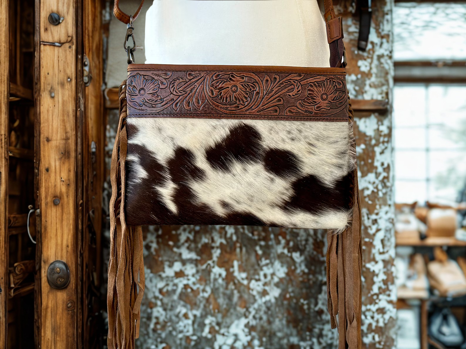 Cowhide Crossbody Bag: Tooled Leather & Fringe - Handmade Western Purse